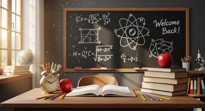 Welcome Back to School Still Life Featuring Open Book Apple and Blackboard with Mathematical Formulas Ready for Learning and Education