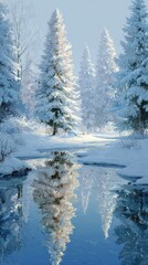 Tranquil winter landscape featuring snow-covered trees reflecting in a still river during a serene morning light