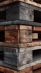 Wooden pallets stacked in an artistic arrangement showcasing natural textures and colors in a warehouse environment