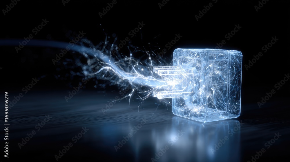 Poster electric energy flows from an illuminated cube creating dynamic sparks and light trails against a da