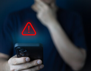 Mobile security warning alert alarm on Smartphone, Data network protection, Virus alarm with people using application on smartphone