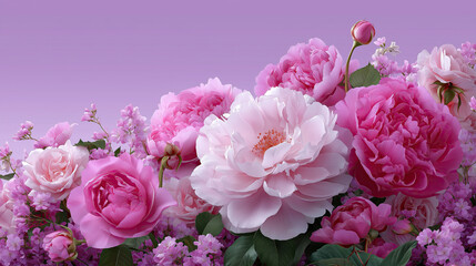 Fototapeta premium Beautiful pink flowers various shades, including peonies and roses, create vibrant and cheerful floral arrangement against soft purple background