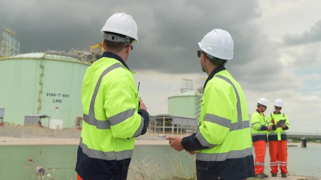Refinery Gas, worker examines pipeline infrastructure near large pipelines in an industrial site.
