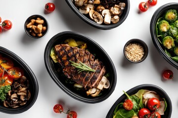 Overhead view of assorted food containers, showcasing various healthy meal prep options