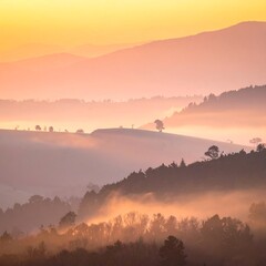 Misty mountain sunrise panorama