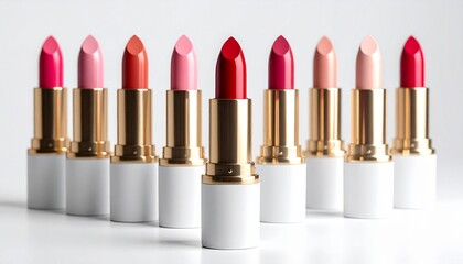 Obraz premium A vibrant assortment of colorful lipsticks in elegant gold and white tubes, showcasing a palette of reds, pinks, and nudes for beauty