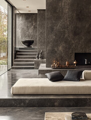 Modern minimalist living room featuring dark stone design with serene outdoor view in bright afternoon light