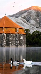 Serene lake scene with a historic building