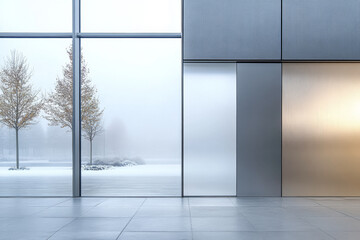 Modern building entrance with large glass panels revealing foggy outdoor landscape and trees during winter season