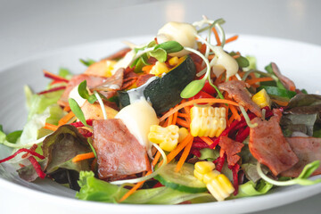 Close up of Home made caesar salad with bacon in ; Selective focus