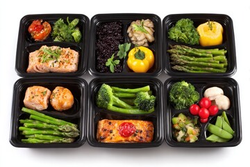 Prepared meal containers, showcasing diverse healthy options