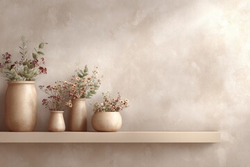 Beige shelf with potted flowers against a light taupe wall