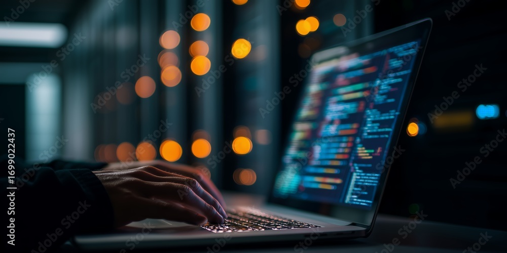 Poster close-up of hands typing on a laptop displaying colorful code in dark server room, concept for softw