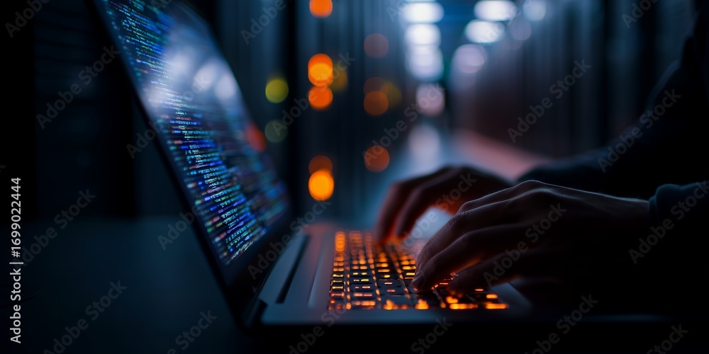 Poster close up of a person's hands coding on laptop keyboard with blurry light background. concept for sof