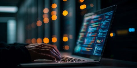 Close-up of hands typing on a laptop displaying colorful code in dark server room, concept for software development, cybersecurity solutions and data analysis applications