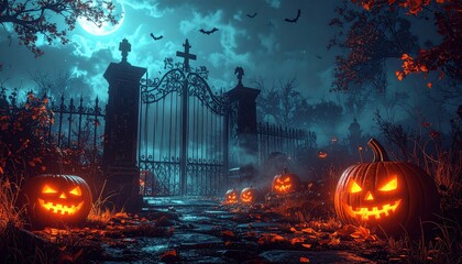 Fototapeta premium Jack O' Lanterns In Graveyard In The Spooky Night - Halloween Backdrop