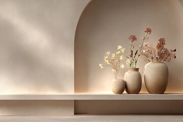 Beige shelf with vases and flowers, sunlit arch niche