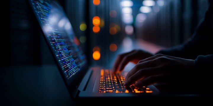 Close up of a person's hands coding on laptop keyboard with blurry light background. Concept for software development, cybersecurity and network engineering