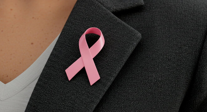 close-up of gray blazer with pink bow on the lapel