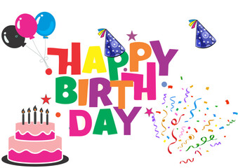 happy birthday elements decorative text vector set - cake, balons,hat, confetti isolated-editable designer