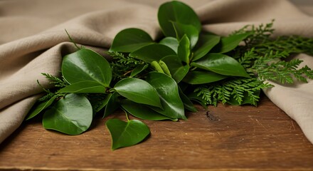Green Leaf Arrangement on Rustic Brown Wooden Table with Beige Fabric