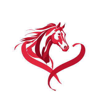 Elegant Horse Love: An artistic portrayal of equine beauty, the red horse head is intertwined with a flowing heart shape, symbolizing love and passion.