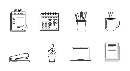Collection of Office Icons Checklist, Calendar, Stationary, Laptop, and More for Daily Tasks