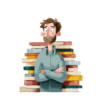 The Literary Figure: A bespectacled figure stands confidently before a towering stack of books. Symbolizing knowledge, this illustration brings a sense of curiosity.