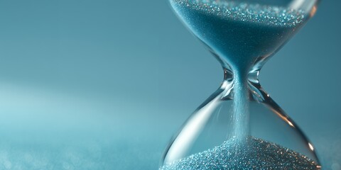 Close-up of a blue sand hourglass with glitter effect against a soft blue background, concept for deadline pressure, scarcity of time and countdown urgency