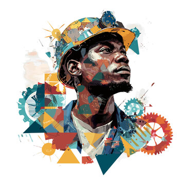 Mining Artisan&rsquo;s Contemplation: An artisan, depicted amidst geometric shapes, embodying the spirit of labor and craftsmanship, looks towards a future built on hard work and determination.