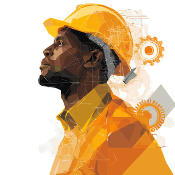 Focused Constructor: A determined constructor gazes ahead, embodying resilience and ambition amidst an industrial backdrop of gears and innovation.