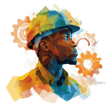 Engineering Vision: A dynamic illustration portraying a determined engineer, adorned with a helmet, focused on technological progress, intertwined with intricate gears that symbolize innovation.