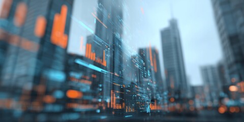 Abstract futuristic cityscape with glowing digital data visualization overlayed on modern buildings, concept for urban technology, financial analysis and infrastructure development