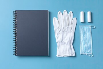 Flat lay of a dark gray spiral-bound notebook, white medical gloves, antiseptic wipes, and a face mask on a light-blue surface