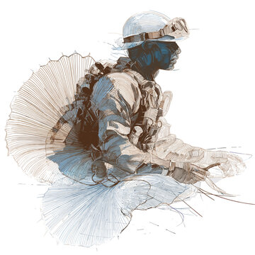 Paratrooper Silhouette: A paratrooper is depicted in mid-descent, embodying strength, precision, and courage in a dynamic sketch style.