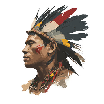Native American Profile: A striking profile of a Native American adorned with traditional attire, featuring intricate feather headdress and face paint, embodying heritage and pride.