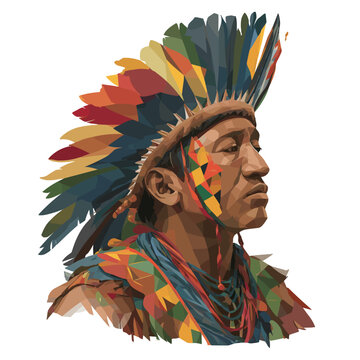 Portrait of a Native American Warrior: A detailed illustration of a Native American warrior with traditional tribal attire, a majestic headdress, and face paint.