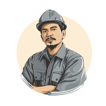 Construction Worker Illustration: A confident construction worker, wearing a hard hat and work attire, stands with arms crossed, ready to build and innovate.