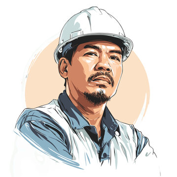 Confident Engineer in Hard Hat: A focused engineer, donned in a protective hard hat and work attire, exudes confidence as he contemplates the task ahead, representing dedication and expertise.
