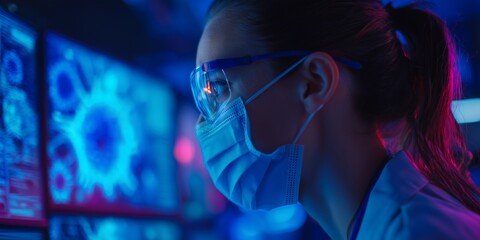 Female scientist in face mask and safety glasses viewing virus image on screen. Concept for pandemic research, medical illustration and scientific data analysis