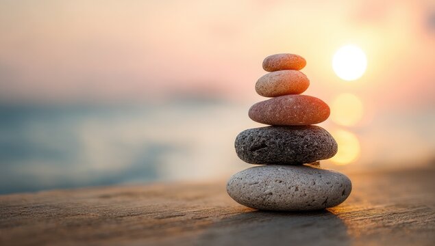 Zen stones balanced atop a surface, sunset backdrop
