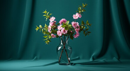 Pink Blossom Arrangement in Glass Vase on Teal Fabric Drape
