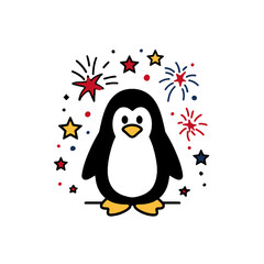 Naklejka premium Playful Penguin and Festive Fireworks: An adorable, stylized penguin surrounded by colorful fireworks and stars creates a joyful, celebratory vibe, perfect for any occasion.