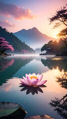 Serene lake sunrise with lotus flower