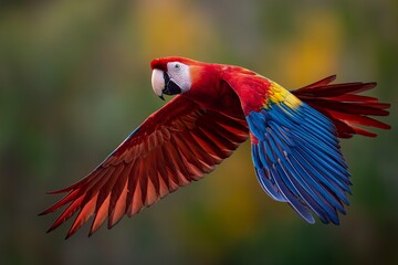 Vibrant red and blue macaw soars freely through a lush tropical environment, showcasing its colorful plumage in mid-flight. Concept for wildlife conservation, exotic pet ownership and ecological