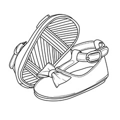 Pair of classic girls leather shoes with a strap and bow detail. Simple line drawing.