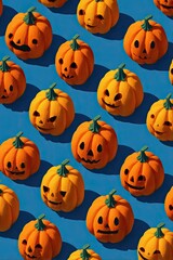 Halloween pumpkins in a grid pattern,  isometric view,  bright orange and dark orange faces,  on a vibrant blue background