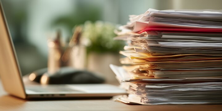 Stack of paperwork on a desk with a laptop, shallow depth of field and natural light. Concept for office administration, document management and financial audit