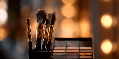 Close-up of a set of makeup brushes and eyeshadow palette on blurred bokeh lights background. Concept for beauty blog, cosmetic product promotion and makeup tutorial content creation