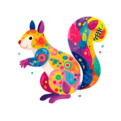 Whimsical Squirrel: A vibrant illustration of a stylized squirrel, decorated with a colorful array of floral patterns and intricate designs, brings a touch of playful elegance.